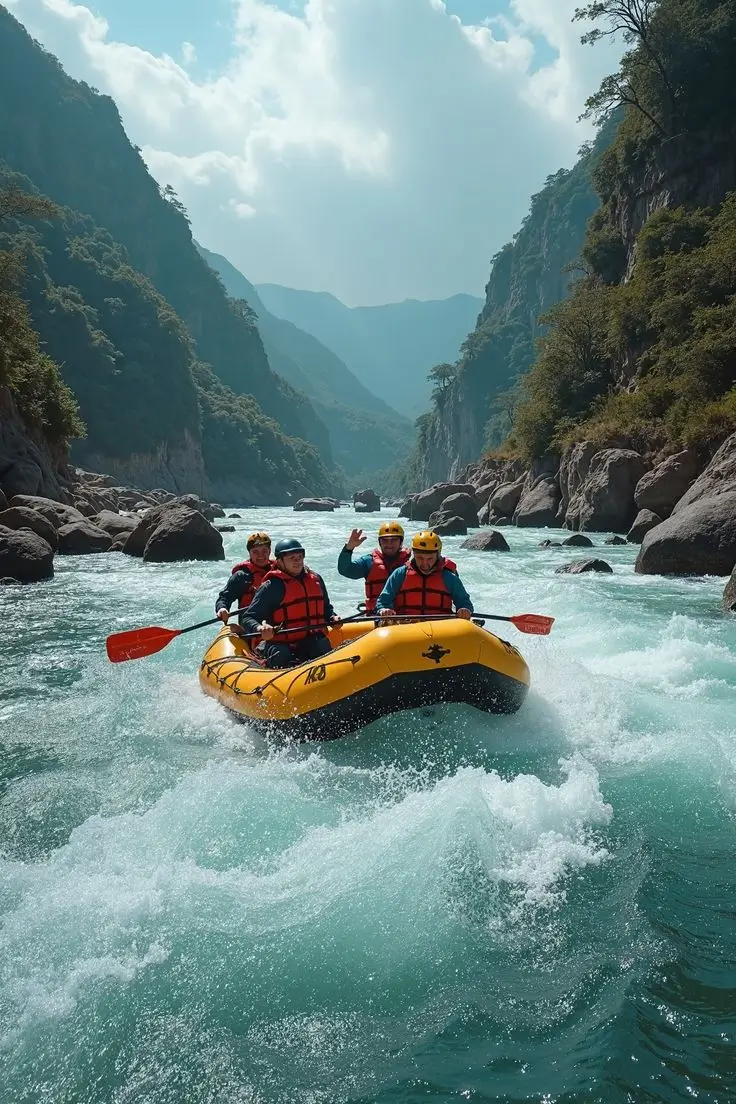 Raft on a calm stretch below the hills